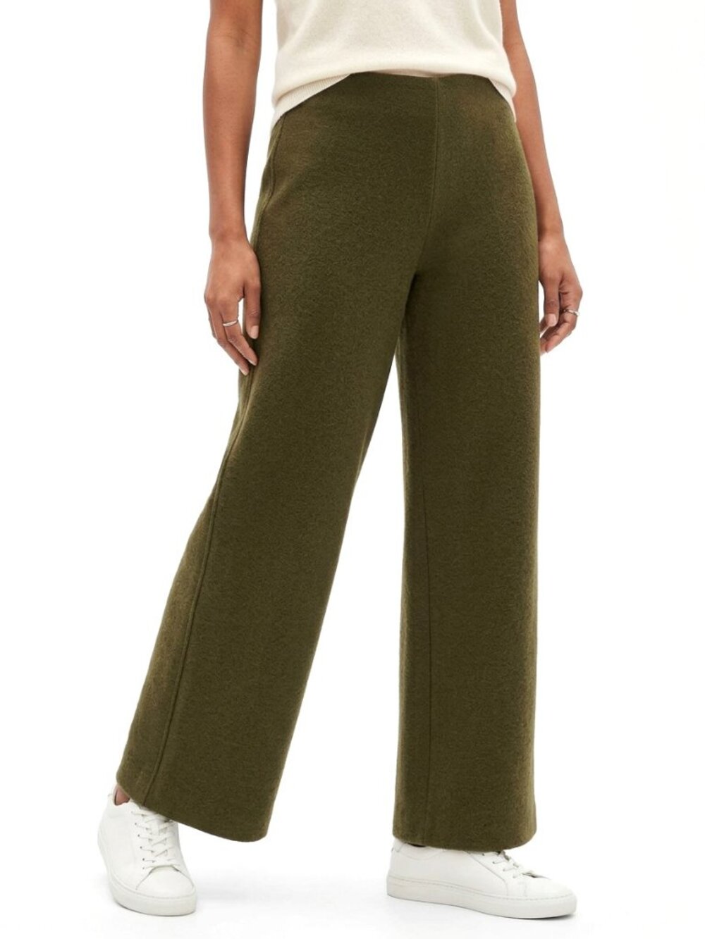 Eileen Fisher Boiled Wool Wide Leg Pants Olive Green L NWOT